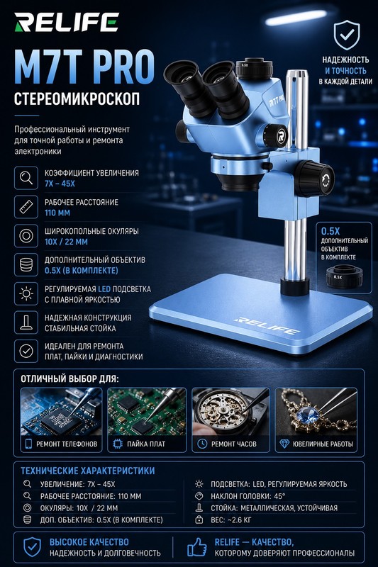 RELIFE RL-M7T Pro Тринокулярный микроскоп синий