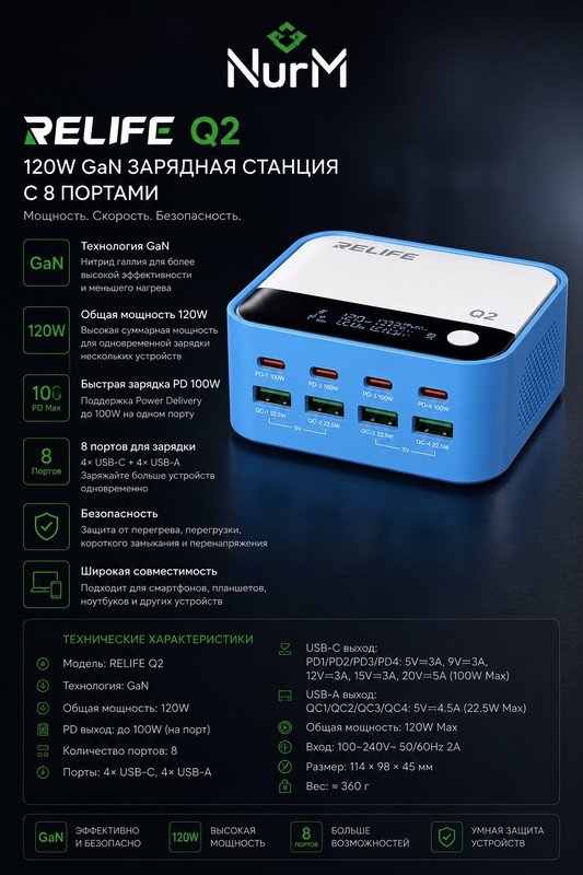 RELIFE Q2 120W GaN Зарядное устройство 8 портов синий